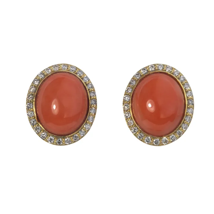 Croghans Earrings Oval Cabochon Coral Diamond 14K Yellow Gold Earrings
