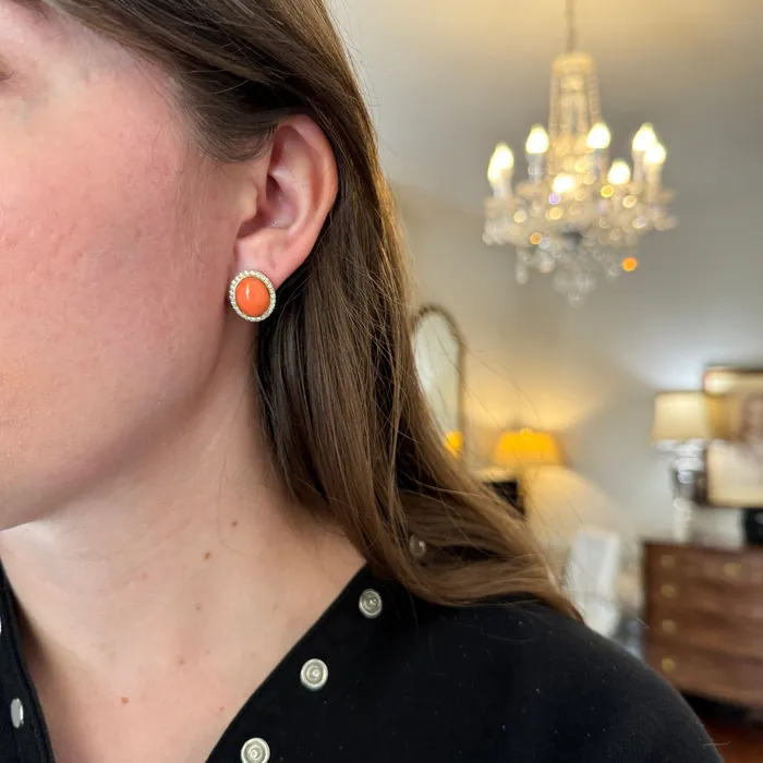 Croghans Earrings Oval Cabochon Coral Diamond 14K Yellow Gold Earrings