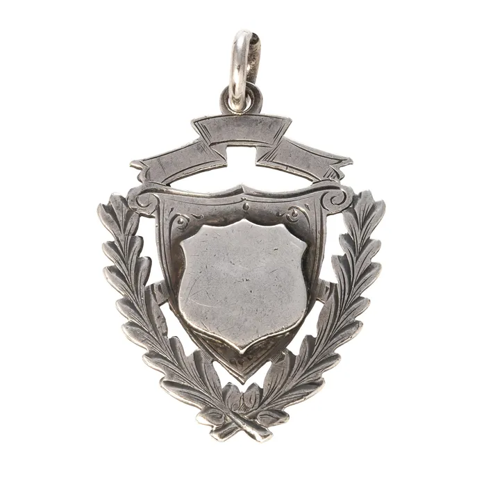 Croghans Edwardian Sterling Silver Engraved Shield Medal Fob Pendant Necklaces Croghans Edwardian Sterling Silver Engraved Shield Medal Fob Pendant Necklaces
