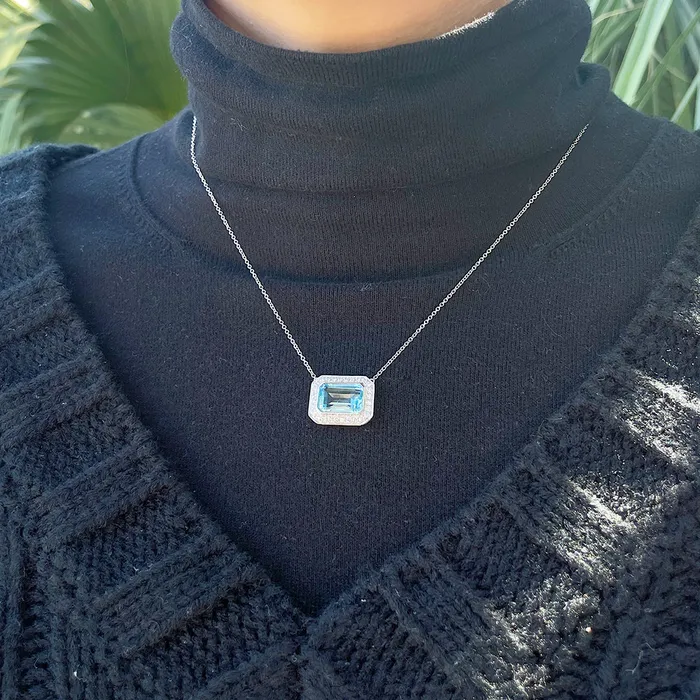 Croghans Necklaces EmeraldCut Blue Topaz Diamond 18K Gold Pendant Necklace
