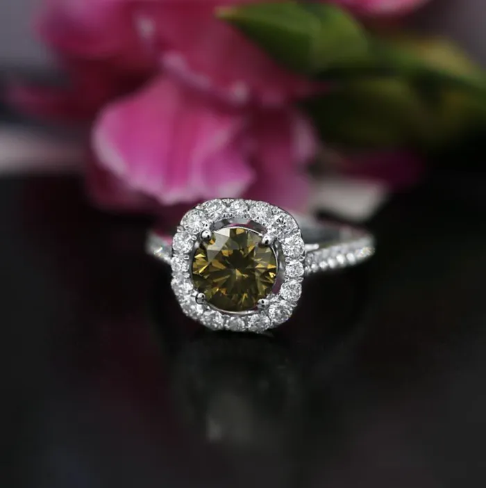 Diamond Source NYC Rings GIA Certified Halo Diamond Engagement Ring Set in 18K White Gold 300ct tw Fancy Brownish Yellow Round Brilliant Natural Diamonds