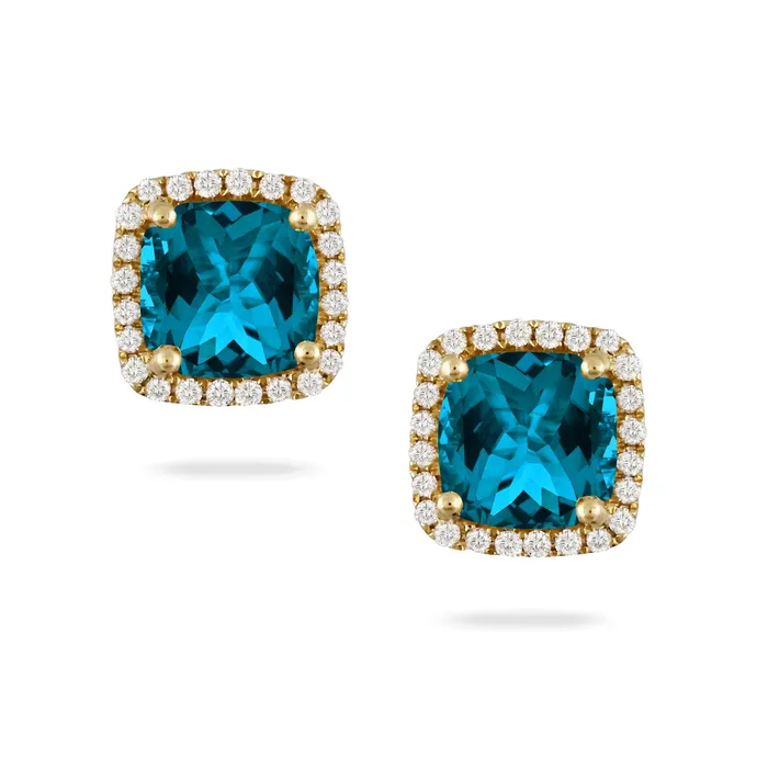 Doves 18K Yellow Gold London Blue Topaz with Diamond Halo Stud Earrings Doves Earrings Doves 18K Yellow Gold London Blue Topaz with Diamond Halo Stud Earrings Doves Earrings