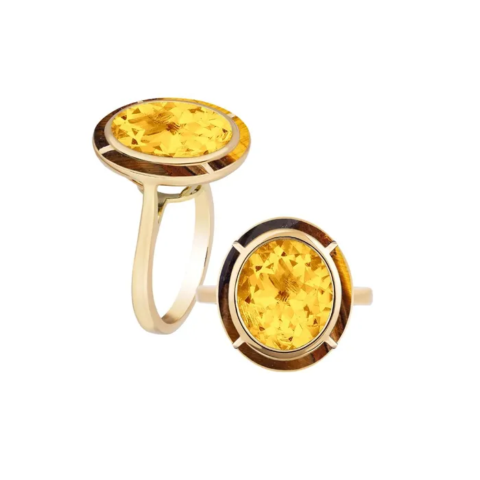 Goshwara Rings Goshwara Oval Citrine Tigers Eye Inlay 18K Gold Ring