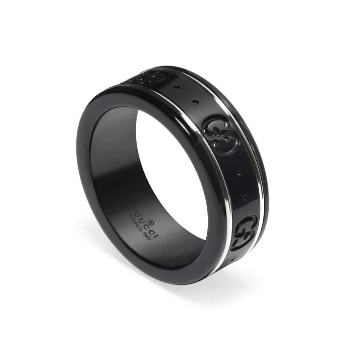 Gucci Rings Gucci 18K White Gold and Black Synthetic Corundum Icon Band Ring