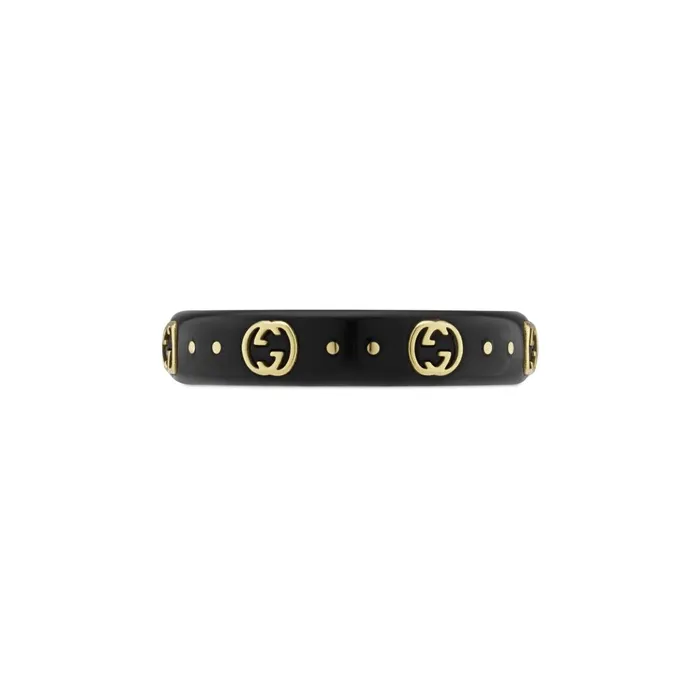 Gucci Rings Gucci 18K Yellow Gold and Black Synthetic Corundum Icon Ring with GG Details Gucci Rings Gucci 18K Yellow Gold and Black Synthetic Corundum Icon Ring with GG Details