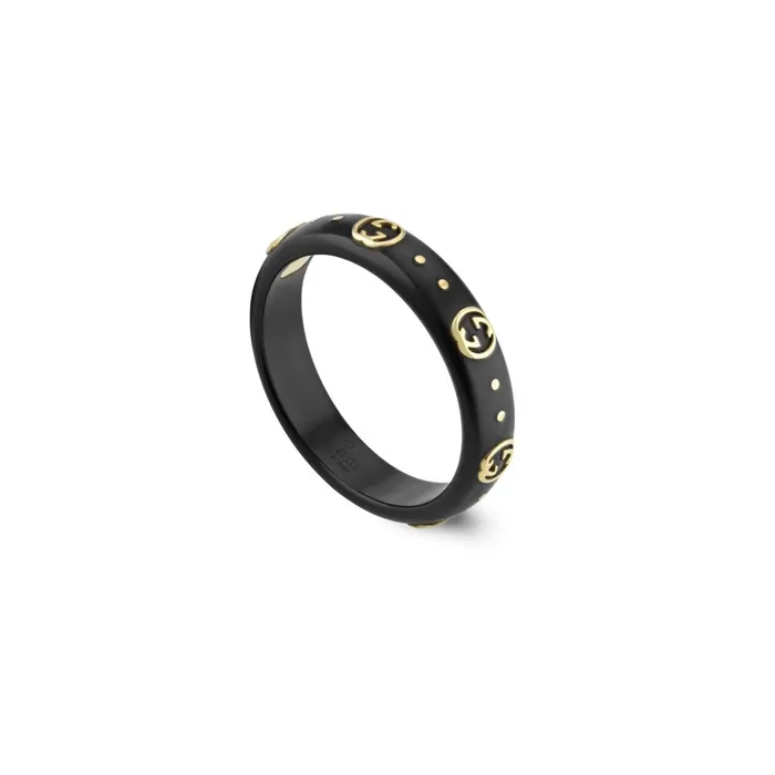 Gucci Rings Gucci 18K Yellow Gold and Black Synthetic Corundum Icon Ring with GG Details Gucci Rings Gucci 18K Yellow Gold and Black Synthetic Corundum Icon Ring with GG Details