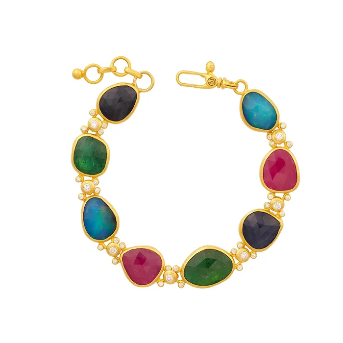 Gurhan OneofaKind 24K Yellow Gold Rose Cut Sapphire Emerald Ruby Opal and Round Bezel Set Bracelet with 18K Lobster Clasp Gurhan Bracelets