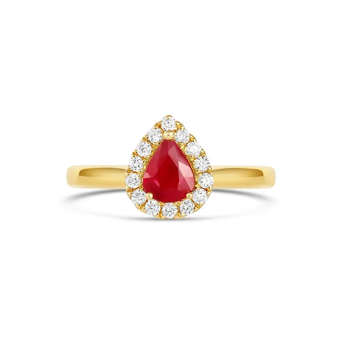 Meierotto Jewelers Rings 18K Yellow Gold Pear Cut Ruby with Diamond Halo Ring Meierotto Jewelers Rings 18K Yellow Gold Pear Cut Ruby with Diamond Halo Ring