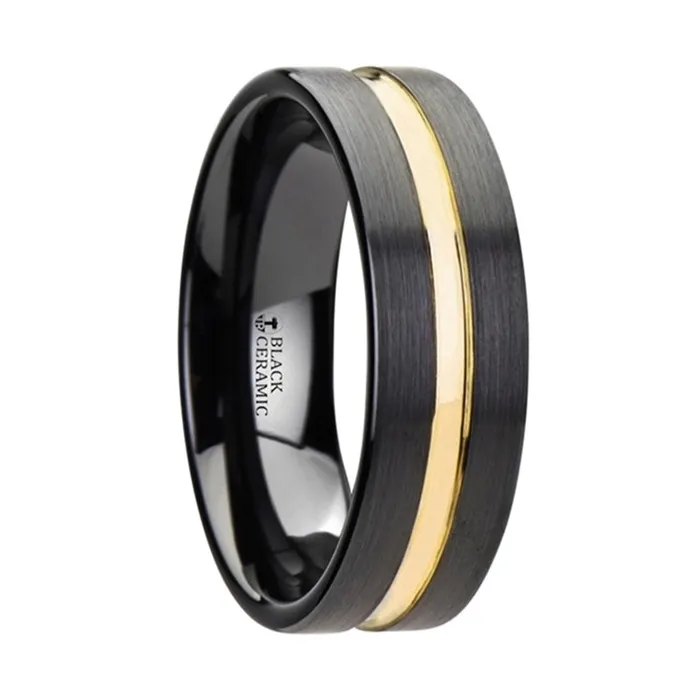 Mens Bands Rings Black Ceramic Band with Yellow Gold Groove