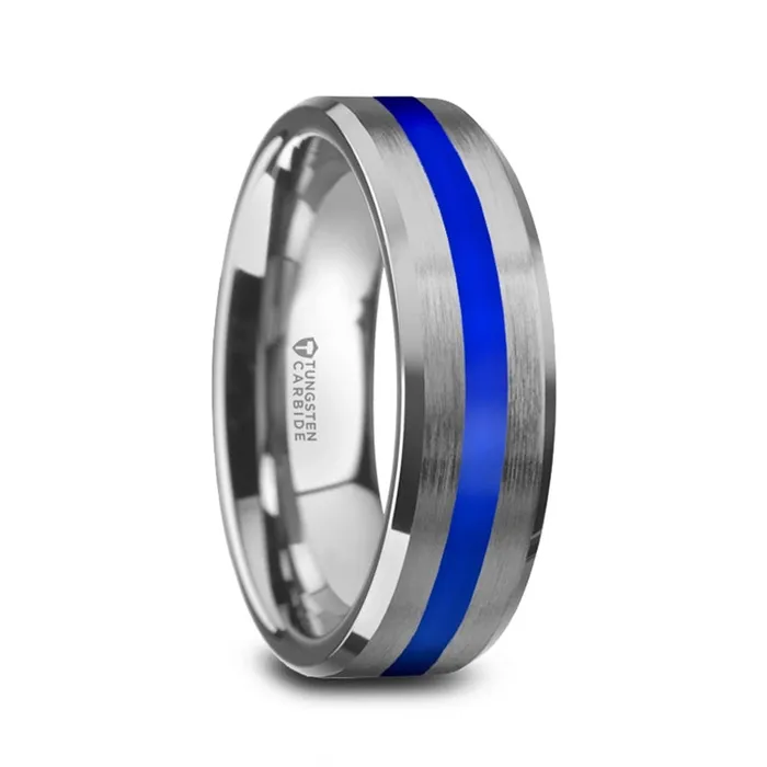 Mens Bands Rings White Tungsten Band with Brushed Finish and Blue Stripe