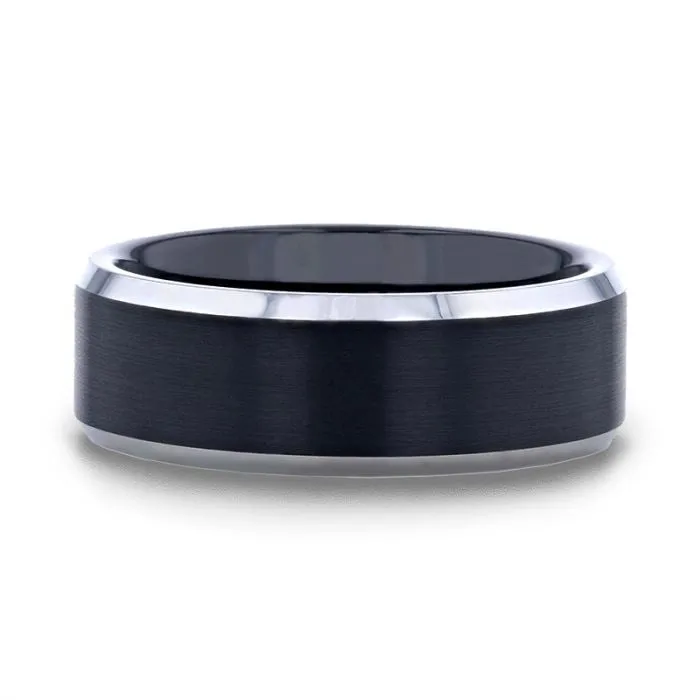 Mens Bands Tungsten Band with Black Brushed Center Rings