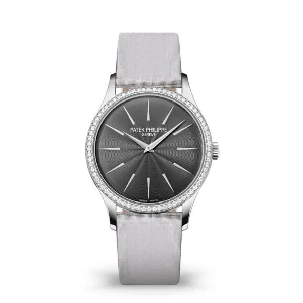 Patek Philippe Patek Philippe Ladies Calatrava 33mm Womens Watch Ref 4897G010 Silver Gray Dial in 18K White Gold Silver Gray Brushed Satin Strap Earrings Patek Philippe Patek Philippe Ladies Calatrava 33mm Womens Watch Ref 4897G010 Silver Gray Dial in 18K White Gold Silver Gray Brushed Satin Strap Earrings
