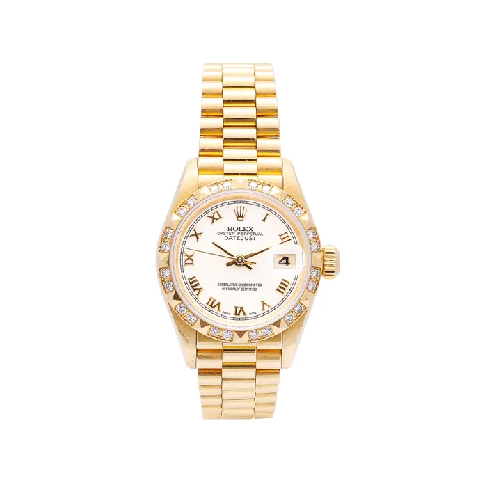 Preowned Rolex PreStyled Sets Rolex Datejust 26 Watch 18K Yellow Gold Diamond Bezel Ivory Pyramid Dial Automatic Preowned Preowned Rolex PreStyled Sets Rolex Datejust 26 Watch 18K Yellow Gold Diamond Bezel Ivory Pyramid Dial Automatic Preowned