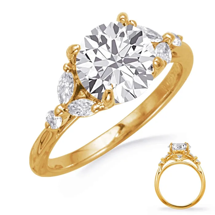 Rings Engagement Collections 14K Yellow Gold Semi Mount Ring with Round Head and Round and Marquise Diamond Accent Sides