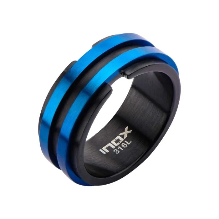 Rings Inox Inox Stainless Steel Black Ion Plated Band with Thin Blue Ion Plated Lines Rings Inox Inox Stainless Steel Black Ion Plated Band with Thin Blue Ion Plated Lines
