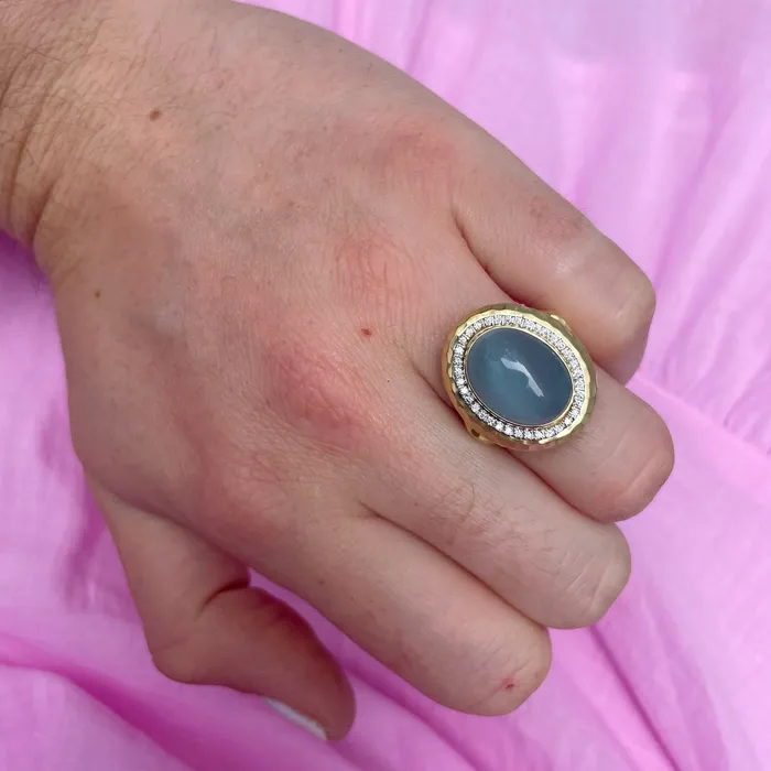 Rings Mazza Mazza Oval Cabochon Aquamarine Diamond 14K Gold Ring
