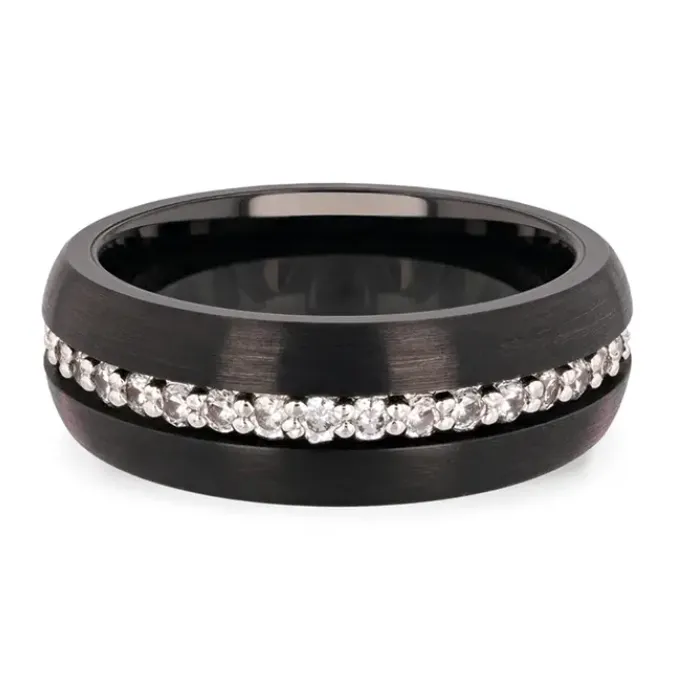 Rings Mens Bands Black Tungsten Carbide 8mm Domed Band with White Sapphires