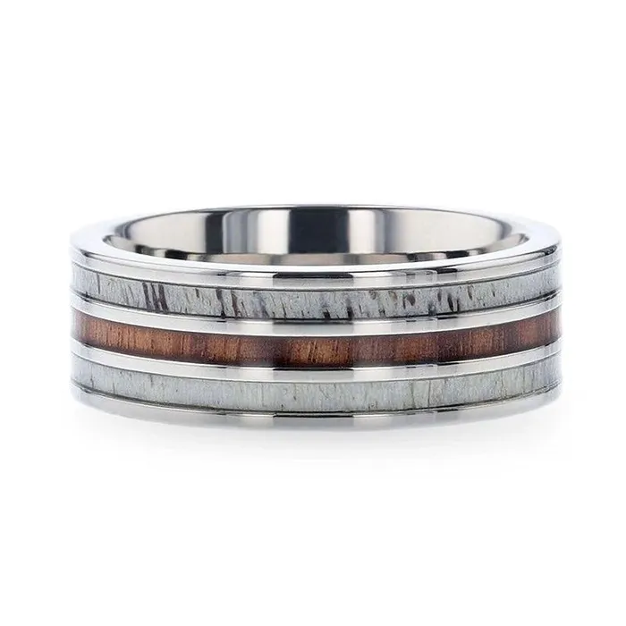 Rings Mens Bands Wood Inlay Titanium Flat Polished Finish Ring with White Double Deer Antler Edges Rings Mens Bands Wood Inlay Titanium Flat Polished Finish Ring with White Double Deer Antler Edges