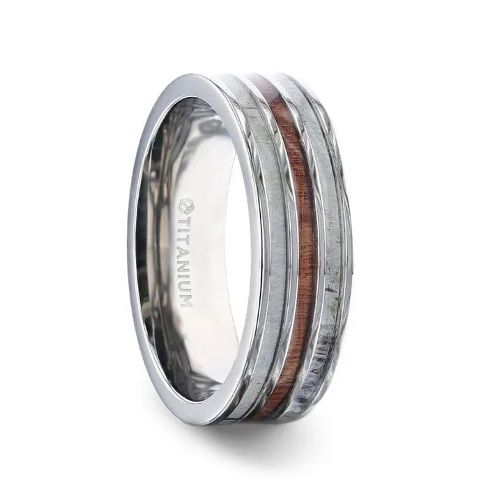 Rings Mens Bands Wood Inlay Titanium Flat Polished Finish Ring with White Double Deer Antler Edges Rings Mens Bands Wood Inlay Titanium Flat Polished Finish Ring with White Double Deer Antler Edges