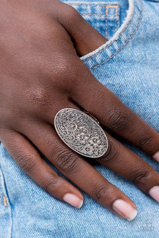 Rings Paparazzi Ring Floral Fortress Silver Paparazzi Jewelry