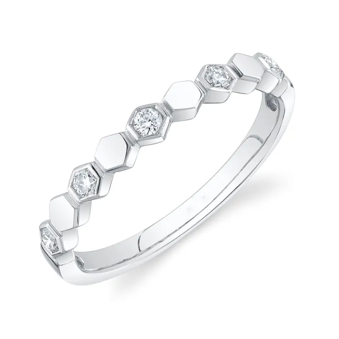 Rings Wedding Bands 14K White Gold Hexagon Design Diamond Band
