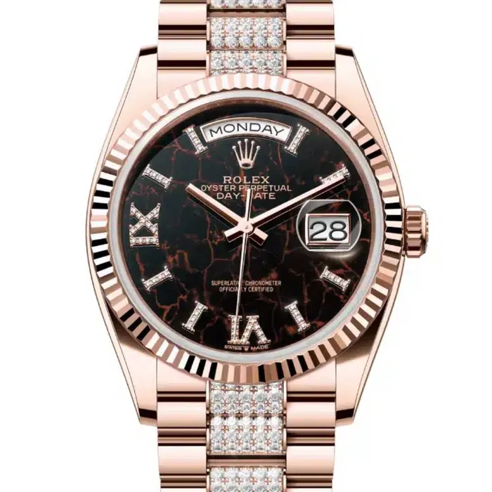 Rolex Bracelets Rolex Day Date 36mm Ref 1282350042 Eisenkiesel Roman Dial Fluted Bezel 18K Rose Gold Diamonds President Bracelet Watch