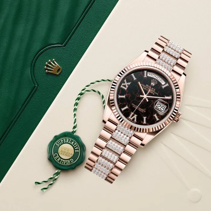 Rolex Bracelets Rolex Day Date 36mm Ref 1282350042 Eisenkiesel Roman Dial Fluted Bezel 18K Rose Gold Diamonds President Bracelet Watch