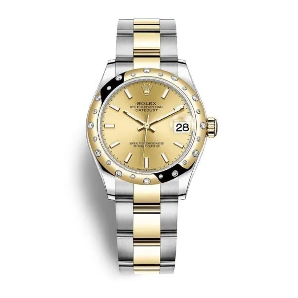 Rolex Datejust 31mm Ref 278343rbr0013 Champagne Stick Dial Diamond Bezel Two Tone Stainless Steel 18K Yellow Gold Oyster Bracelet Womens Watch Rolex Bracelets Rolex Datejust 31mm Ref 278343rbr0013 Champagne Stick Dial Diamond Bezel Two Tone Stainless Steel 18K Yellow Gold Oyster Bracelet Womens Watch Rolex Bracelets