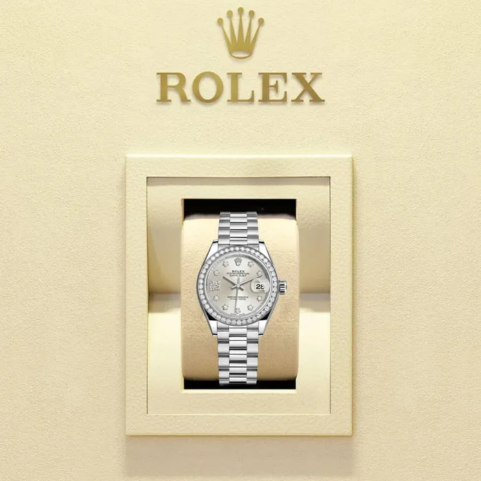 Rolex LadyDatejust 28mm Ref 279136RBR s9dix8dp Silver Diamond Dial Diamond Bezel Platinum Presidential Bracelet Womens Watch Rolex Bracelets