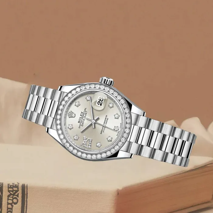 Rolex LadyDatejust 28mm Ref 279136RBR s9dix8dp Silver Diamond Dial Diamond Bezel Platinum Presidential Bracelet Womens Watch Rolex Bracelets