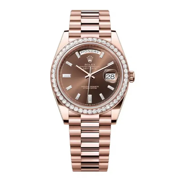 Rolex Rolex Day Date 40mm Ref 228345rbr0006 Chocolate Diamond Dial Diamond Bezel 18K Rose Gold President Bracelet Mens Watch Bracelets Rolex Rolex Day Date 40mm Ref 228345rbr0006 Chocolate Diamond Dial Diamond Bezel 18K Rose Gold President Bracelet Mens Watch Bracelets
