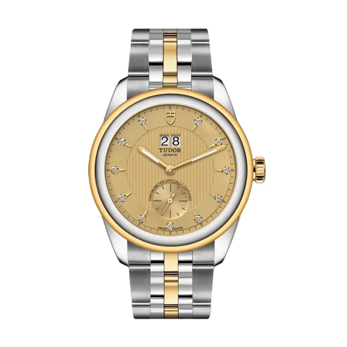 Tudor Tudor Glamour Double Date 42mm Watch Ref M571030006 Champagne Diamond Index Dial 18K Yellow Gold Bezel Two Tone Stainless Steel 18K Yellow Gold Bracelet Bracelets