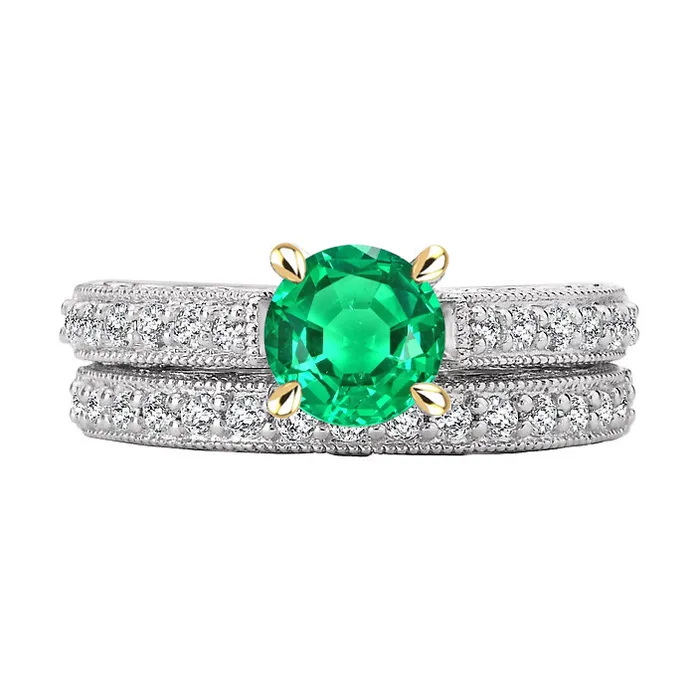 Antique Style Green Emerald Ring Set Round Cut HarryChadEntcom Rings