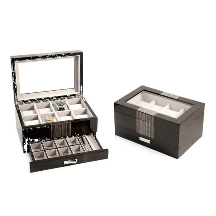 Bey Berk Bey Berk Lacquered Wenge Wood 8 Watch Box With Glass Top Watches Bey Berk Bey Berk Lacquered Wenge Wood 8 Watch Box With Glass Top Watches