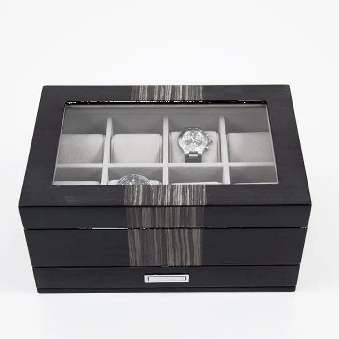 Bey Berk Bey Berk Lacquered Wenge Wood 8 Watch Box With Glass Top Watches Bey Berk Bey Berk Lacquered Wenge Wood 8 Watch Box With Glass Top Watches