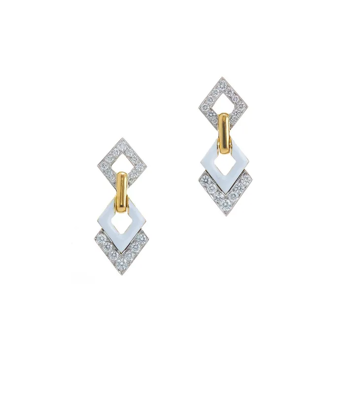 David Webb LLC Earrings Double Diamond Drop Earrings White Enamel