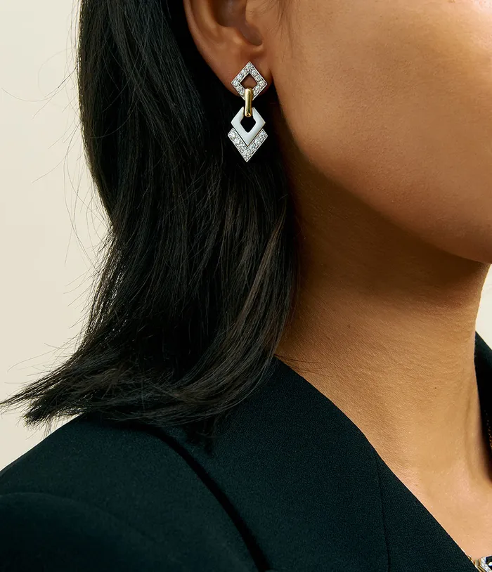 David Webb LLC Earrings Double Diamond Drop Earrings White Enamel