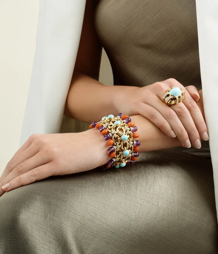 David Webb Workshop Bracelets Brocade Bracelet Turquoise Coral Amethyst