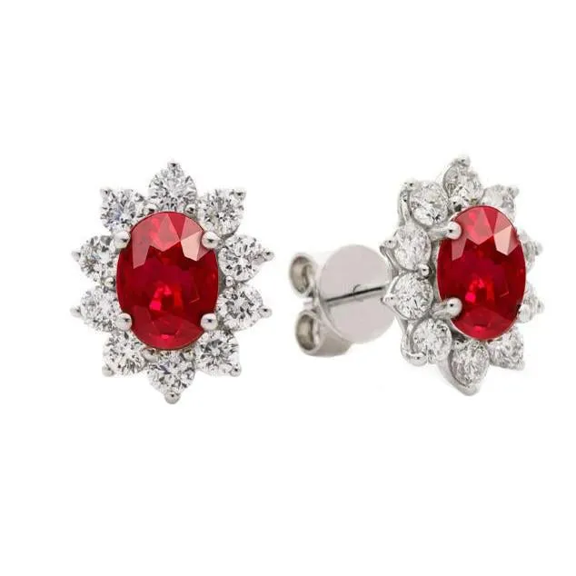 GB Earrings 950 Carats Ruby And Natural Earth Mined Diamond Flower Style Stud Cluster Halo Earrings GB Earrings 950 Carats Ruby And Natural Earth Mined Diamond Flower Style Stud Cluster Halo Earrings