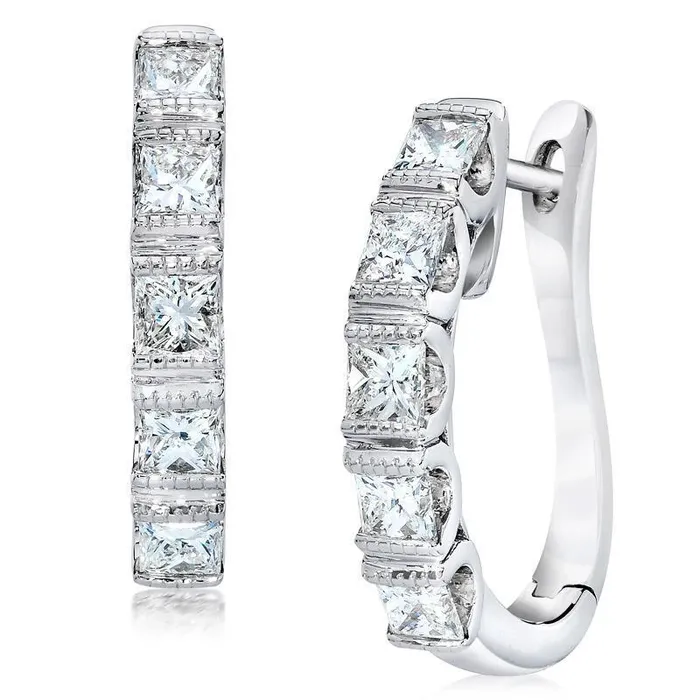 GB Earrings Ladies Princess Cut Natural Earth Mined Diamond Hoop Earring Solid Gold 14K 6 Carats