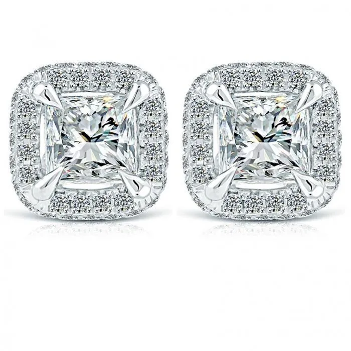 GB Earrings Princess And Round Halo Natural Earth Mined Diamond Earring Gold White Pave Setting 4 Ct GB Earrings Princess And Round Halo Natural Earth Mined Diamond Earring Gold White Pave Setting 4 Ct