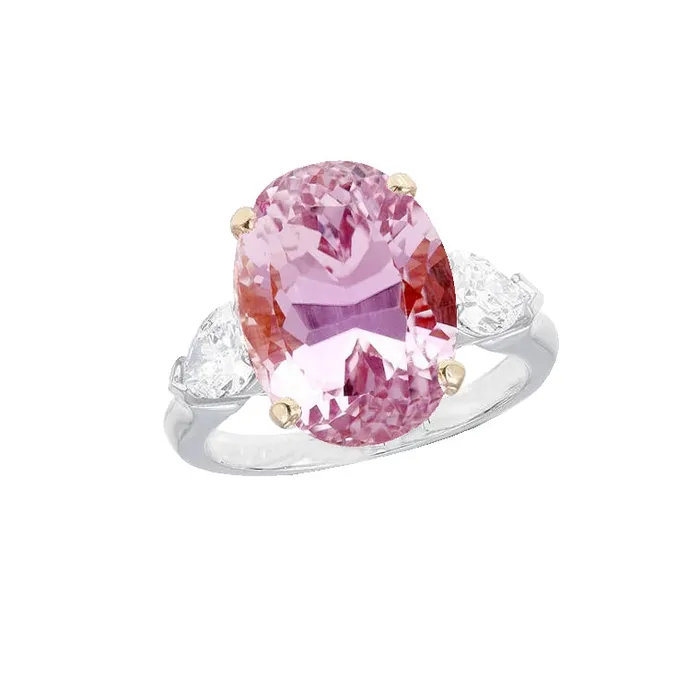 GB Rings Three Stone 19 Carats Kunzite With Natural Earth Mined Diamonds Anniversary Ring GB Rings Three Stone 19 Carats Kunzite With Natural Earth Mined Diamonds Anniversary Ring
