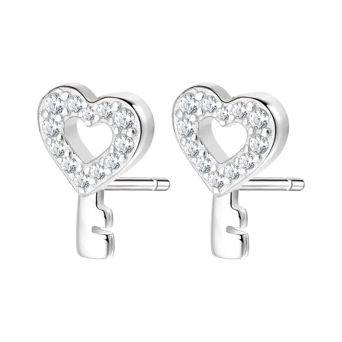 Hey Happiness Earrings Heart Key Stud Earrings Sterling Silver