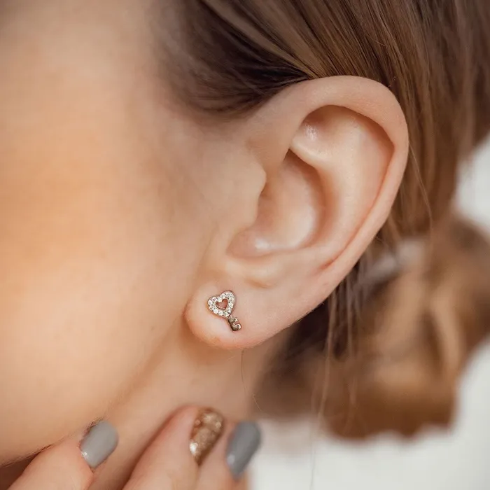 Hey Happiness Earrings Heart Key Stud Earrings Sterling Silver Hey Happiness Earrings Heart Key Stud Earrings Sterling Silver