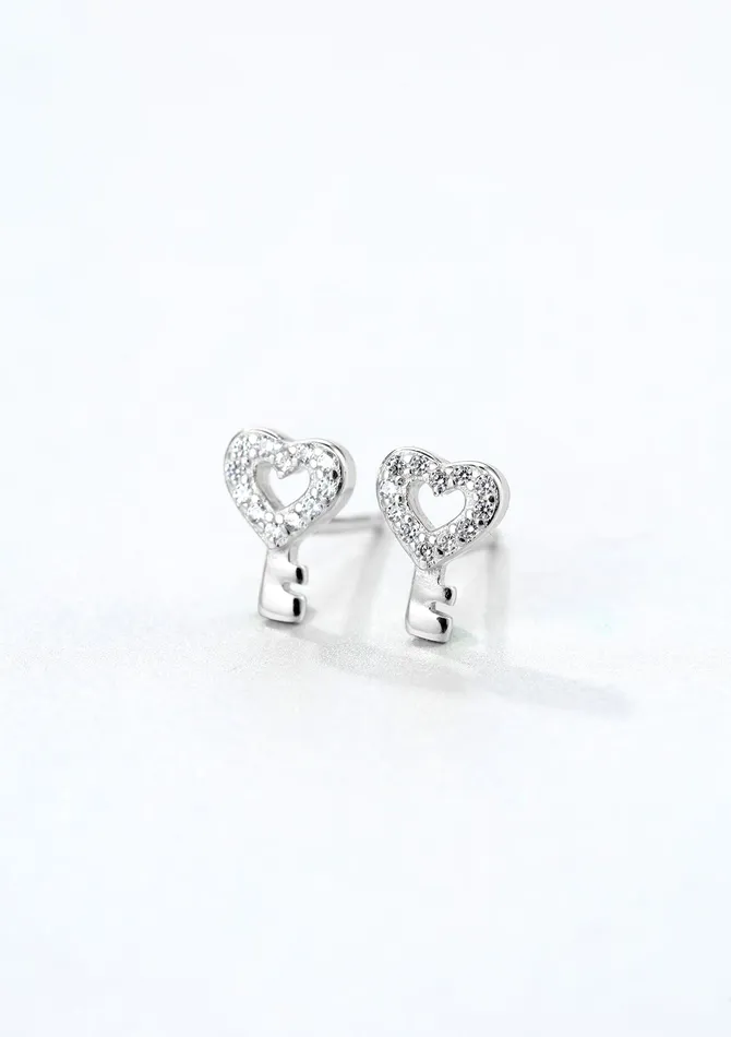 Hey Happiness Earrings Heart Key Stud Earrings Sterling Silver Hey Happiness Earrings Heart Key Stud Earrings Sterling Silver