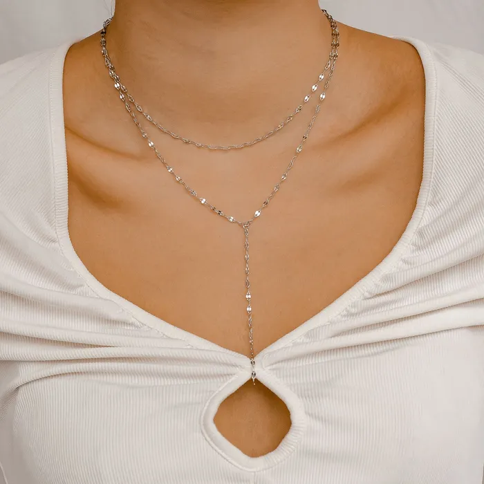 Hey Happiness Necklaces Flattened Chain Link Y Necklace Silver Hey Happiness Necklaces Flattened Chain Link Y Necklace Silver