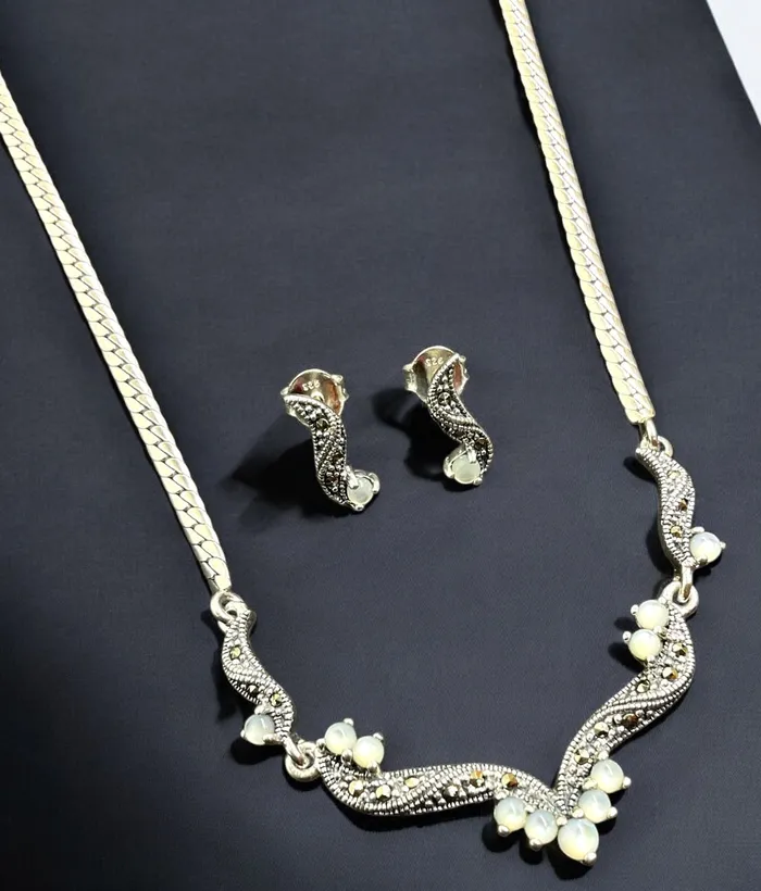 Marcasite The Ethereal Mother of Pearl Silver Marcasite Necklace Earrings Necklaces Marcasite The Ethereal Mother of Pearl Silver Marcasite Necklace Earrings Necklaces