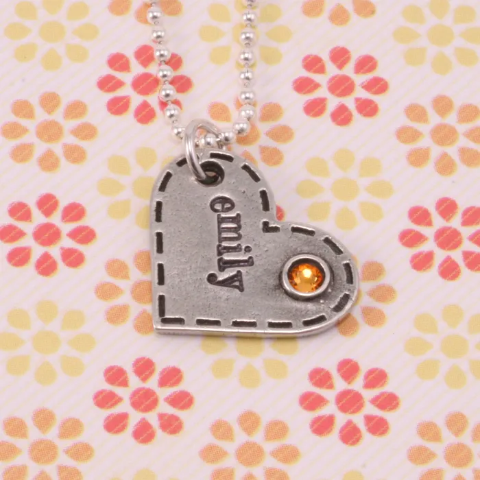MJ Necklaces Pewter Stitched Edge Heart with Birthstone Bezel 192mm 76 x 158mm 62 16 Gauge