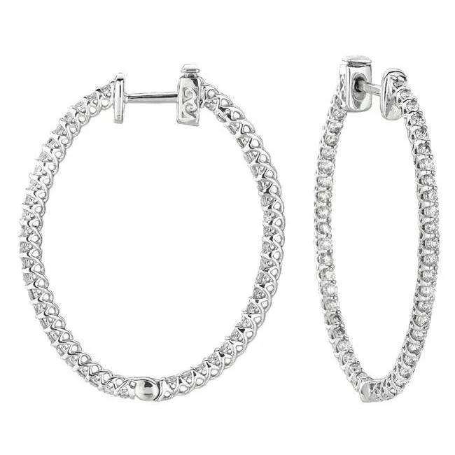 Natural Earth Mined Diamond Oval Shape Hoop Earrings Pair 2 Carat White Gold 14K GB Earrings
