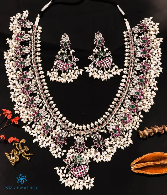 Necklaces Silversmith The Matsya Silver Guttapusalu Necklace Long
